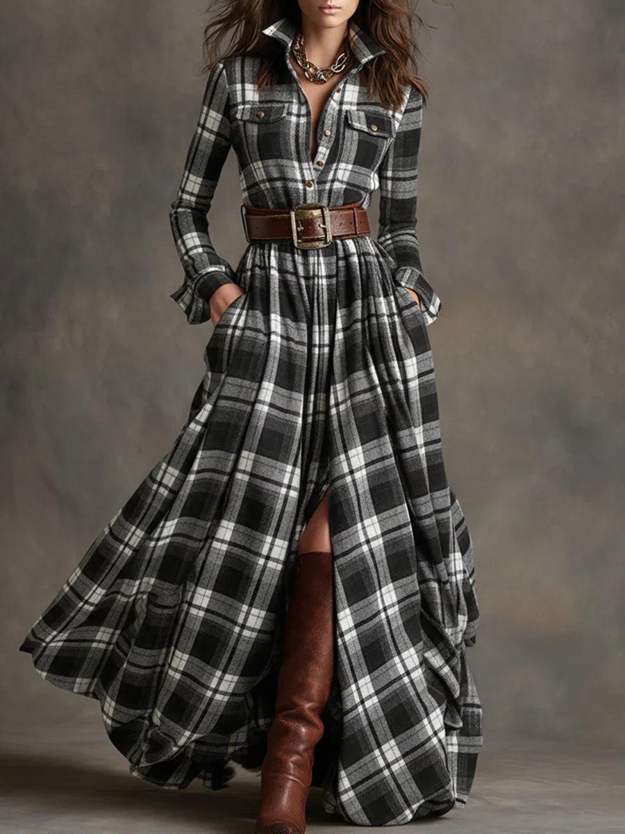 Collared Button Front Plaid Belted Long Sleeve Shirt Maxi Dress