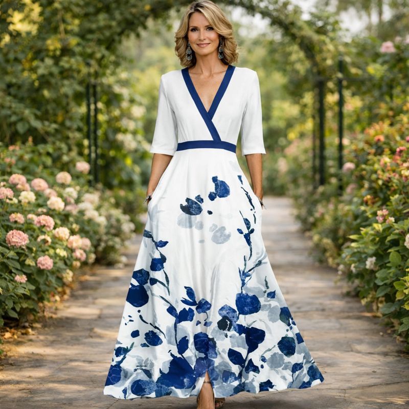 Surplice V-Neck Half Sleeve Floral Print A-Line Maxi Dress