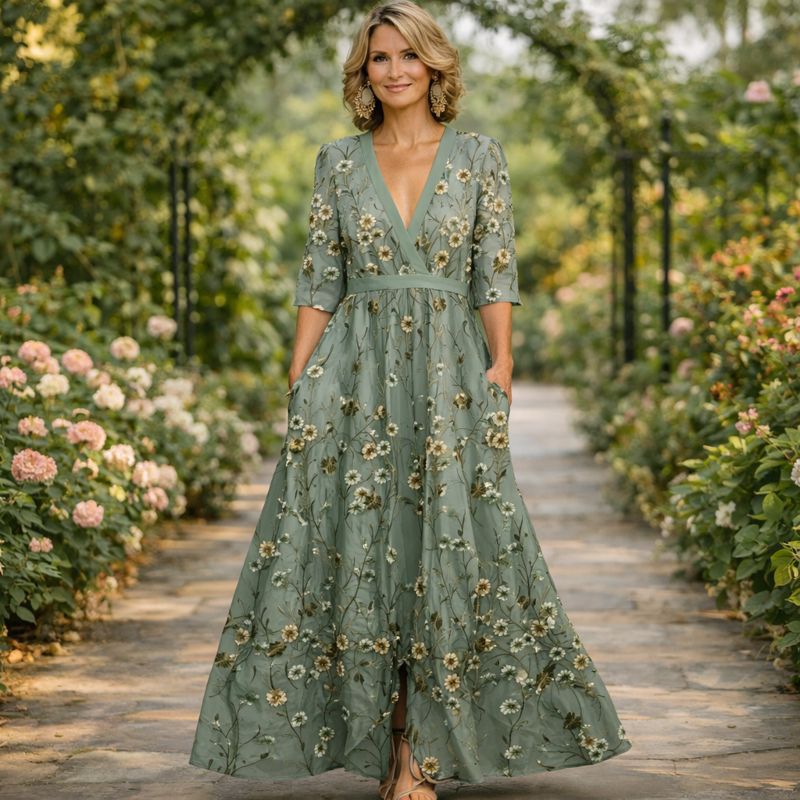 Surplice V-Neck Half Sleeve Floral Print A-Line Maxi Dress