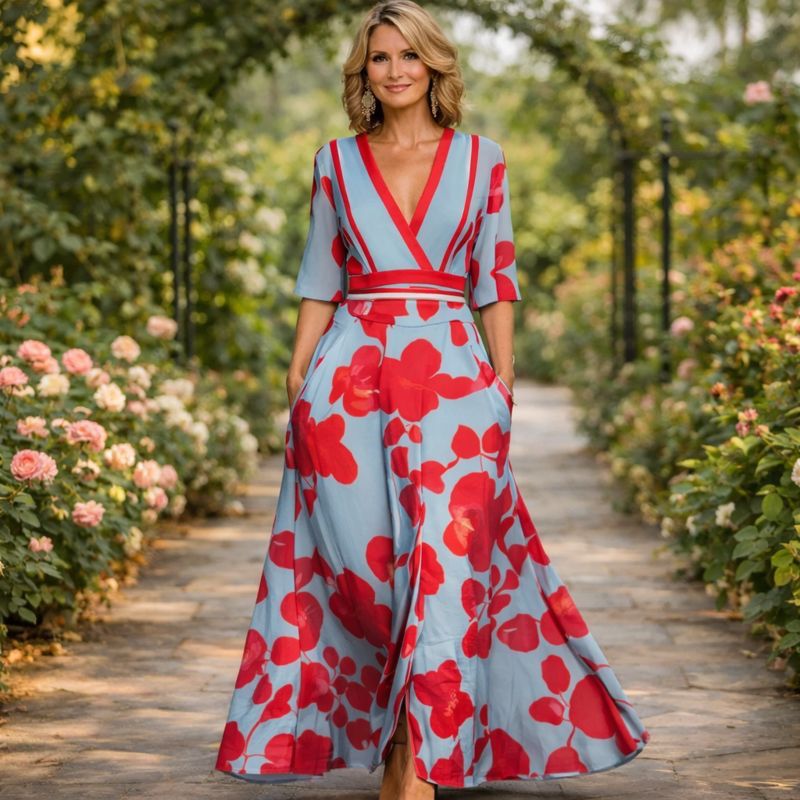 Surplice V-Neck Half Sleeve Floral Print A-Line Maxi Dress