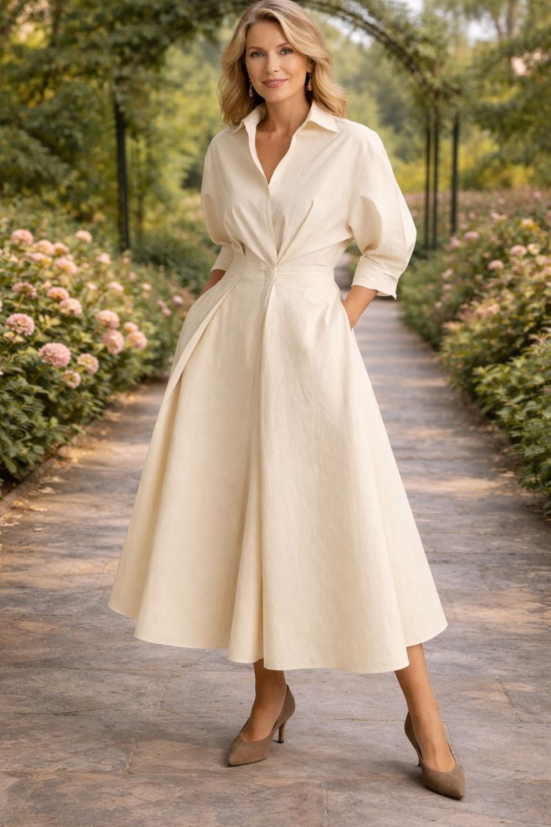 Collared Puff Sleeve Waist Cutout A-Line Midi Shirt Dress