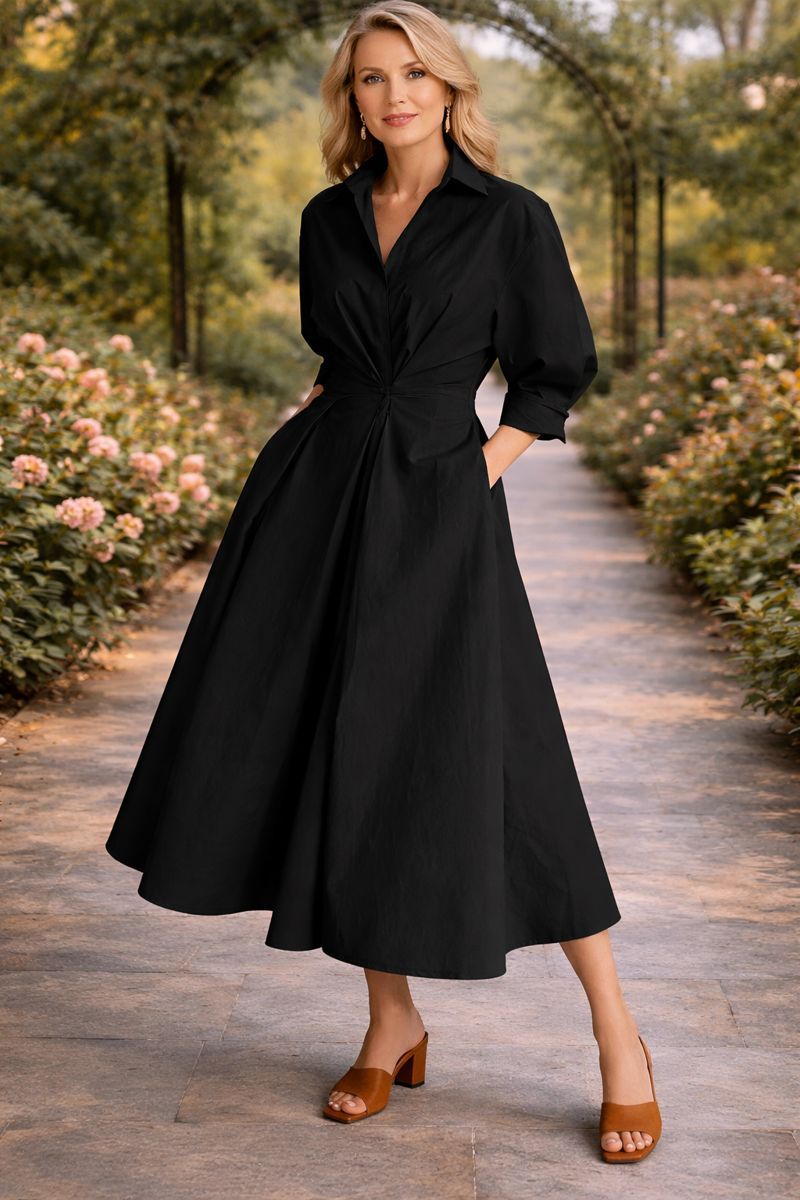 Collared Button Front Puff Sleeve Flared A-Line Midi Dress 3