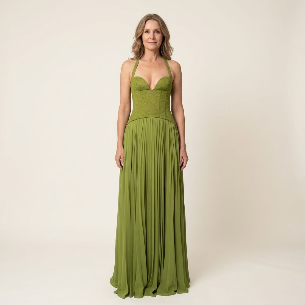 Green Halter Sweetheart Lace Bodice Pleated Chiffon Maxi Gown