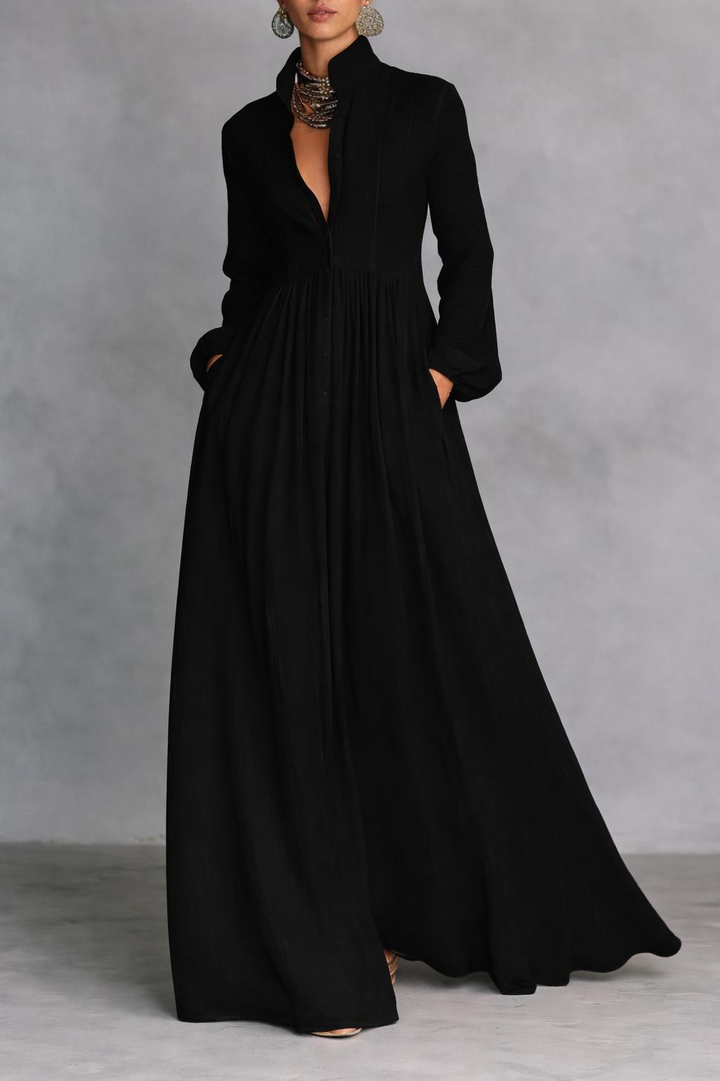 Stand Collar Button Front Long Sleeve Pleated Bib Maxi Dress 5