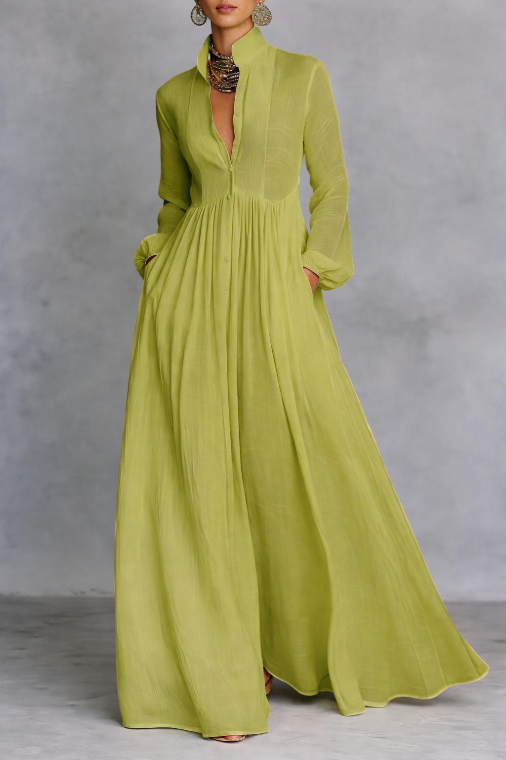 Stand Collar Button-Front Pintuck Long Sleeve Flowy Maxi Dress