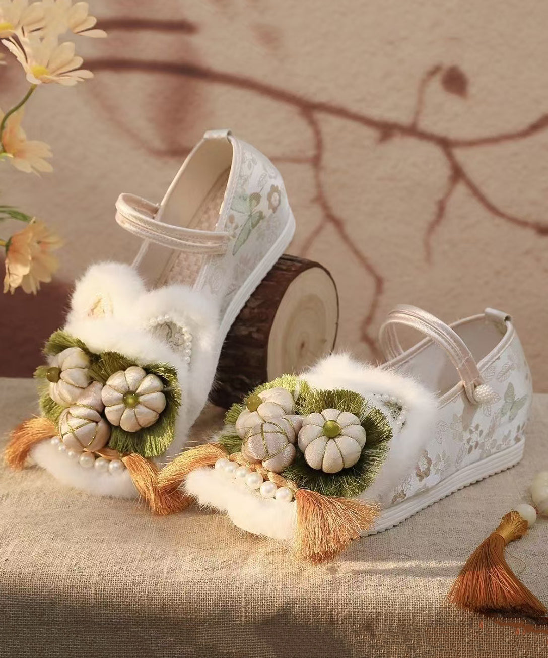 Floral Applique Faux Fur Tassel Embroidered Wedge Shoes