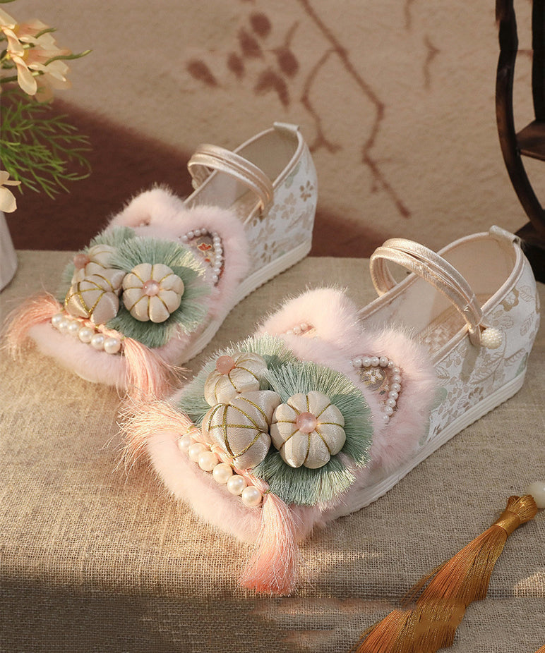 Floral Applique Faux Fur Tassel Embroidered Wedge Shoes 2