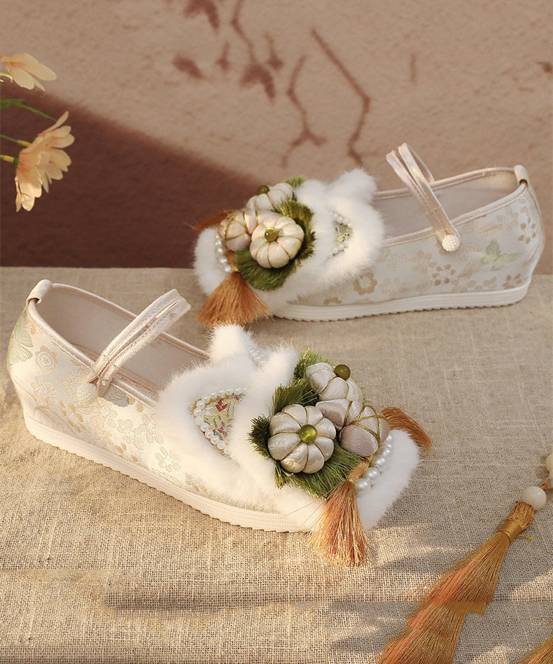 Floral Applique Faux Fur Tassel Embroidered Wedge Shoes 3
