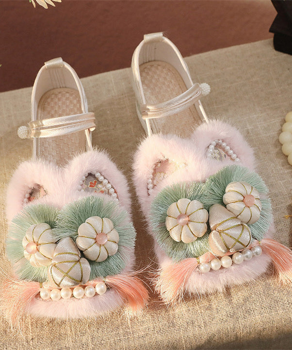 Floral Applique Faux Fur Tassel Embroidered Wedge Shoes 4