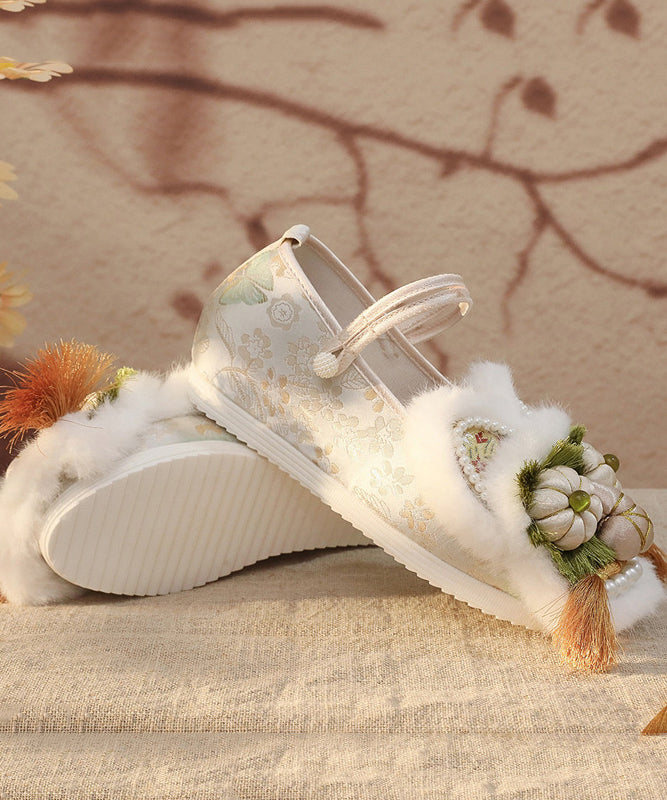 Floral Applique Faux Fur Tassel Embroidered Wedge Shoes 5