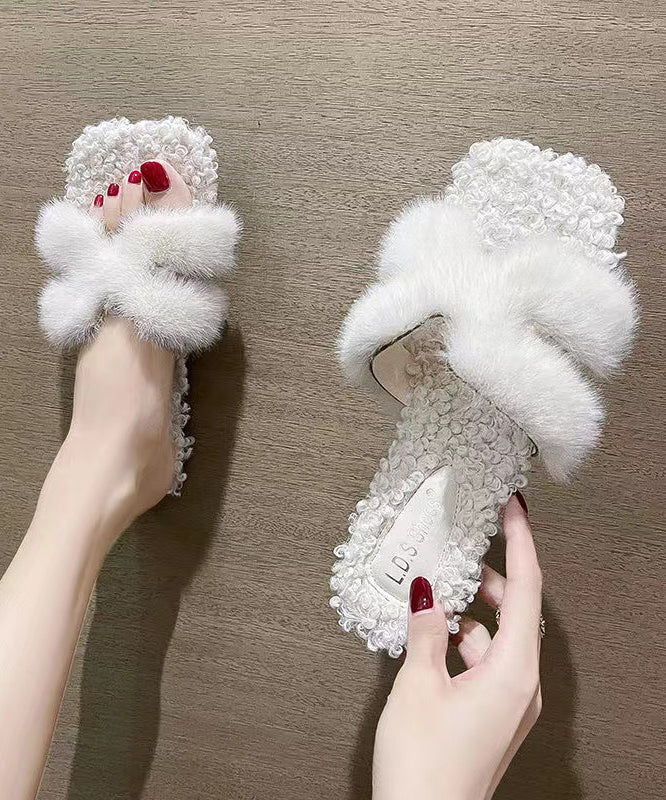 Fuzzy Fur Cross Strap Peep Toe Block Heel Sandals