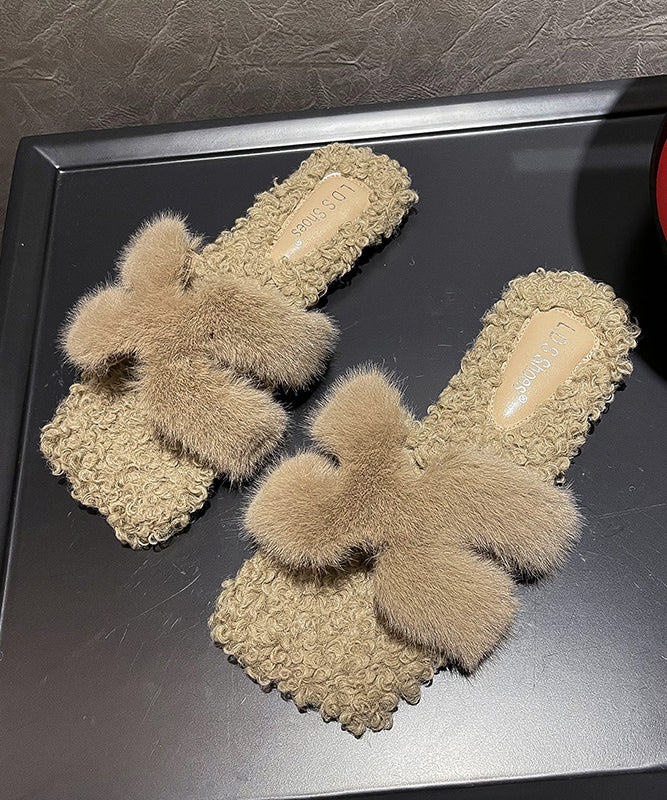 Fuzzy Fur Cross Strap Peep Toe Block Heel Sandals