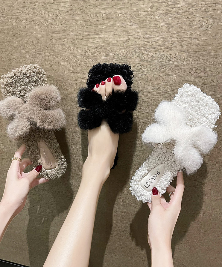 Fuzzy Fur Cross Strap Peep Toe Block Heel Sandals