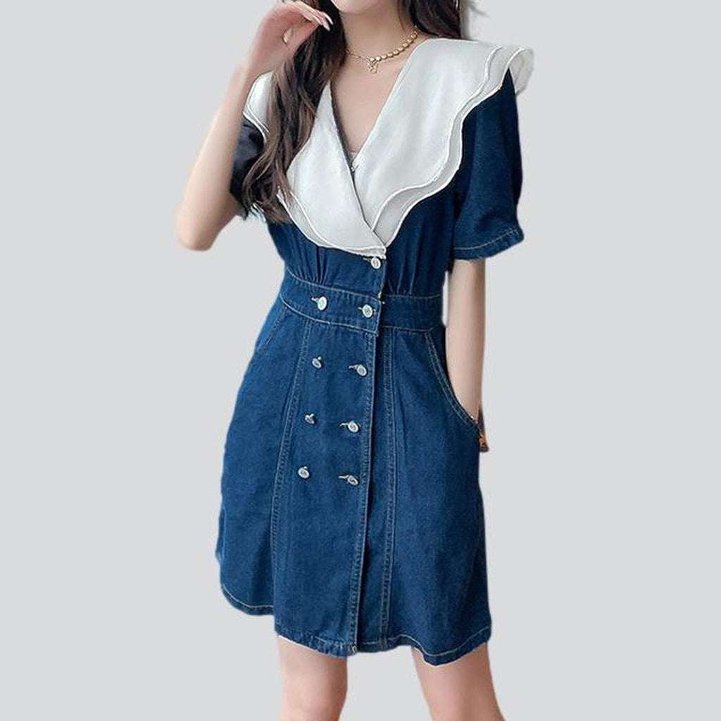 Blue Sailor Collar Double Breasted Puff Sleeve Denim Mini Dress