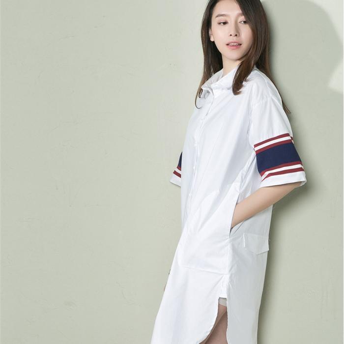 White cotton plus size shirt dress women sundress navy sleeves