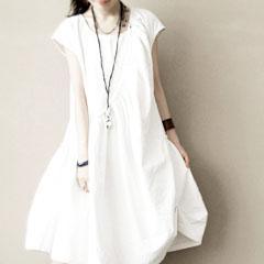 White cotton summer dress natural fit flare dress short sleeve sundress