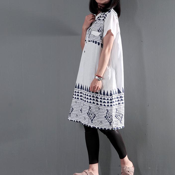 White retro summer linen dress oversize shift dresses short sleeve casual sundress