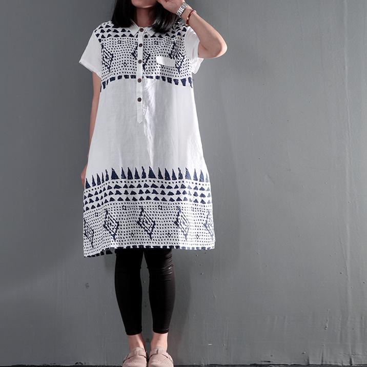 White retro summer linen dress oversize shift dresses short sleeve casual sundress
