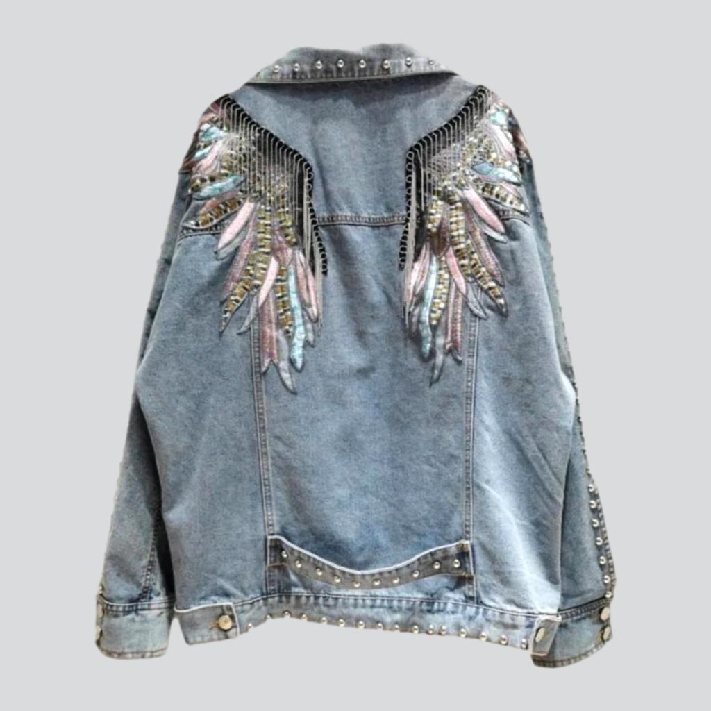 Light Blue Studded Sequin Wing Embroidery Fringe Denim Jacket