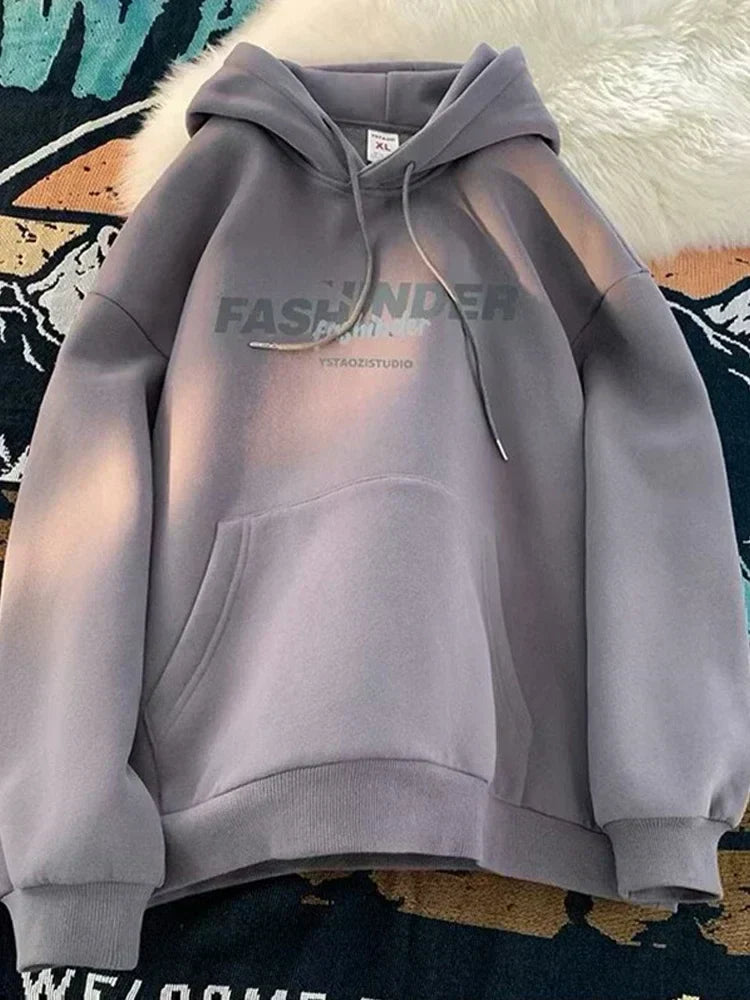 Letter Printed Winter Fleece Hoodie Dark Grey / M(40-45KG)