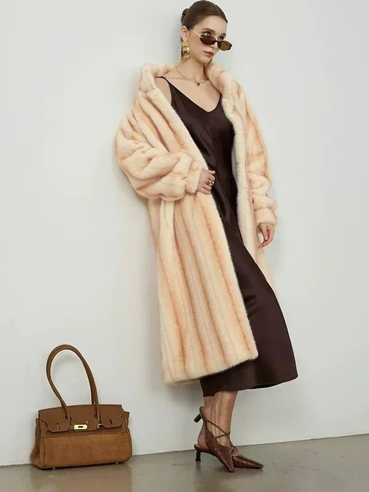Elegant Standing Collar Faux Fur Mink Overcoat