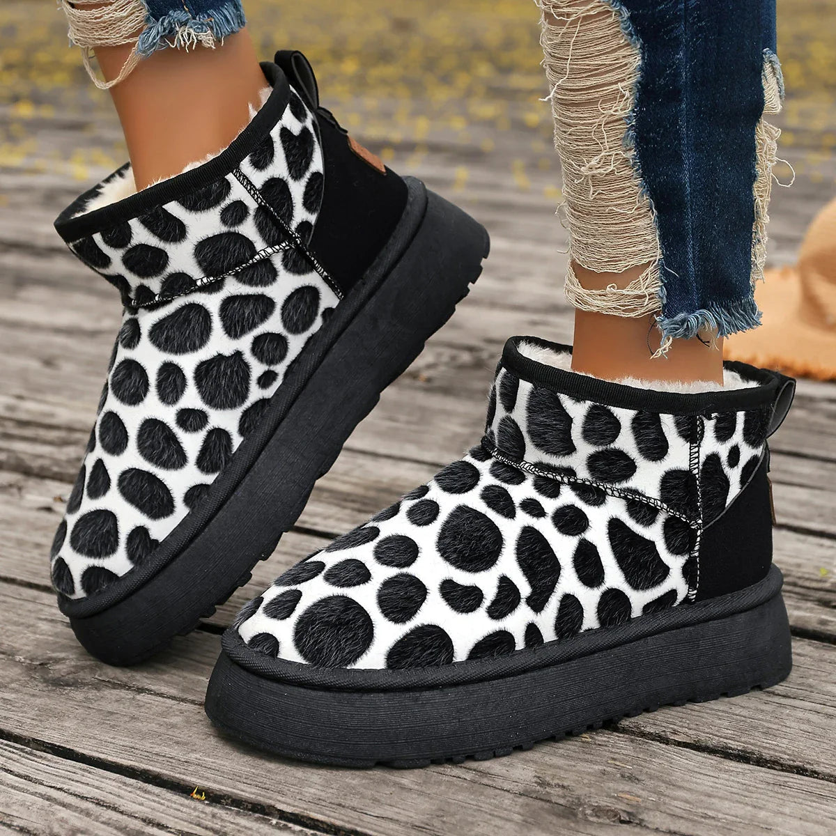 Leopard High Quality Slipon Thickened Fluff Round Toe Snow Boot