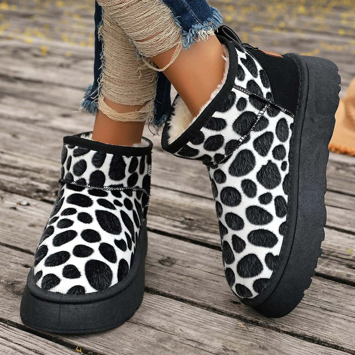 Leopard High Quality Slipon Thickened Fluff Round Toe Snow Boot