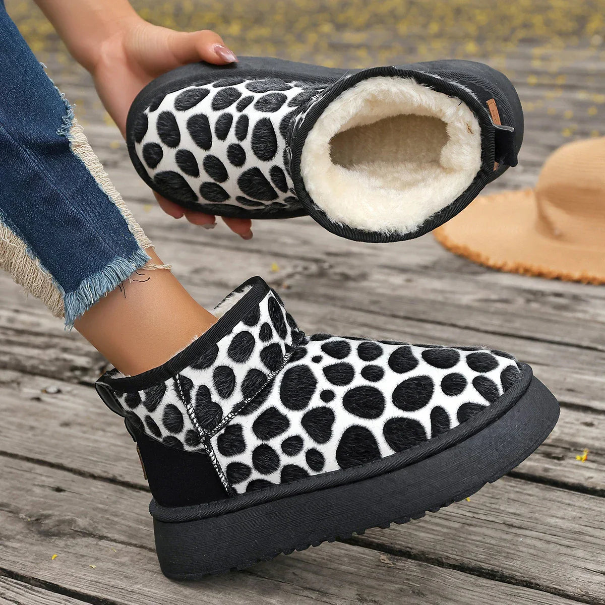 Leopard High Quality Slipon Thickened Fluff Round Toe Snow Boot