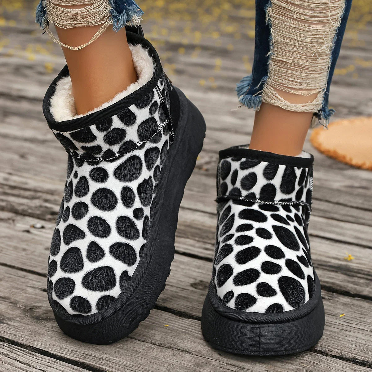 Leopard High Quality Slipon Thickened Fluff Round Toe Snow Boot