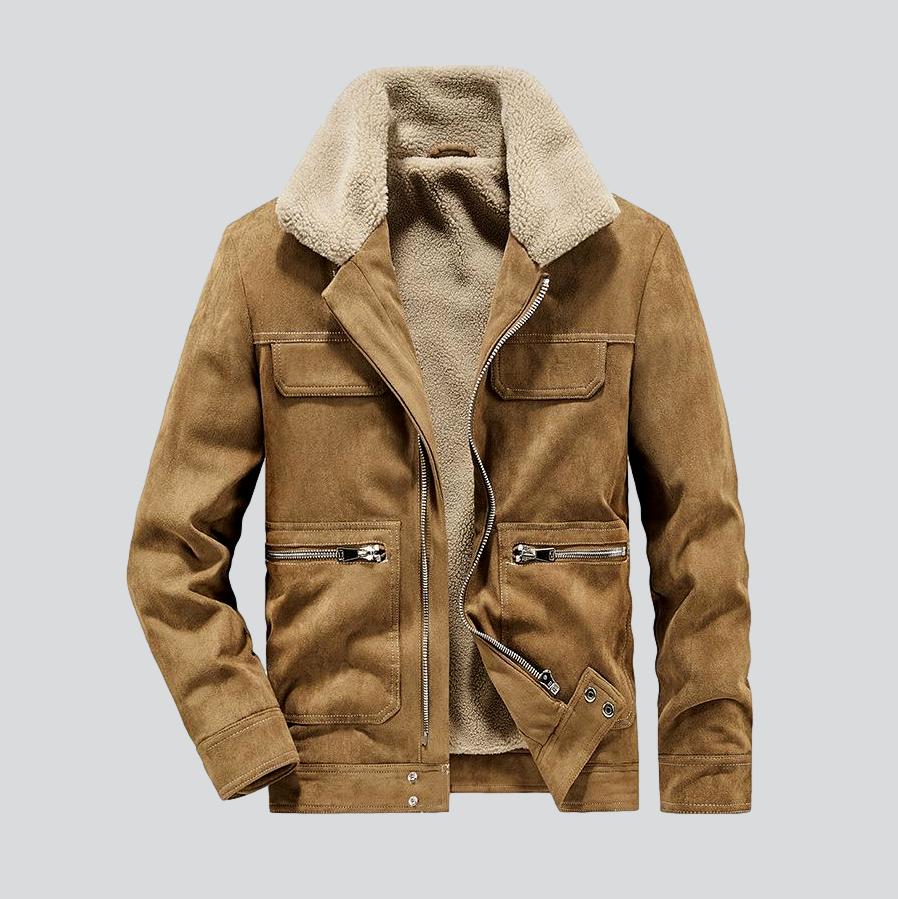 Sherpa Collar Zip Front Suede Shearling Jacket