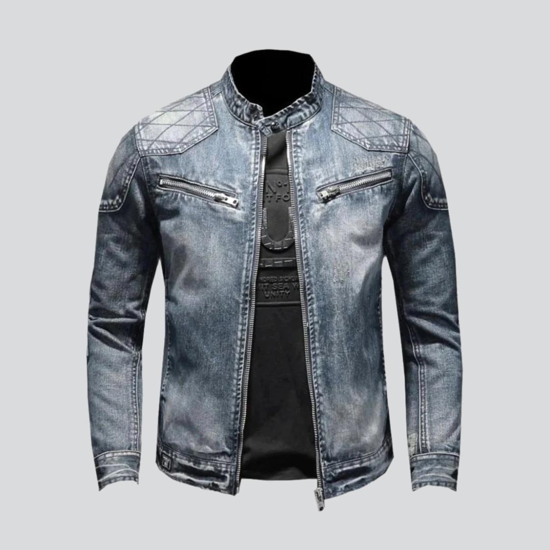 Blue Stand Collar Zip Front Washed Biker Denim Jacket