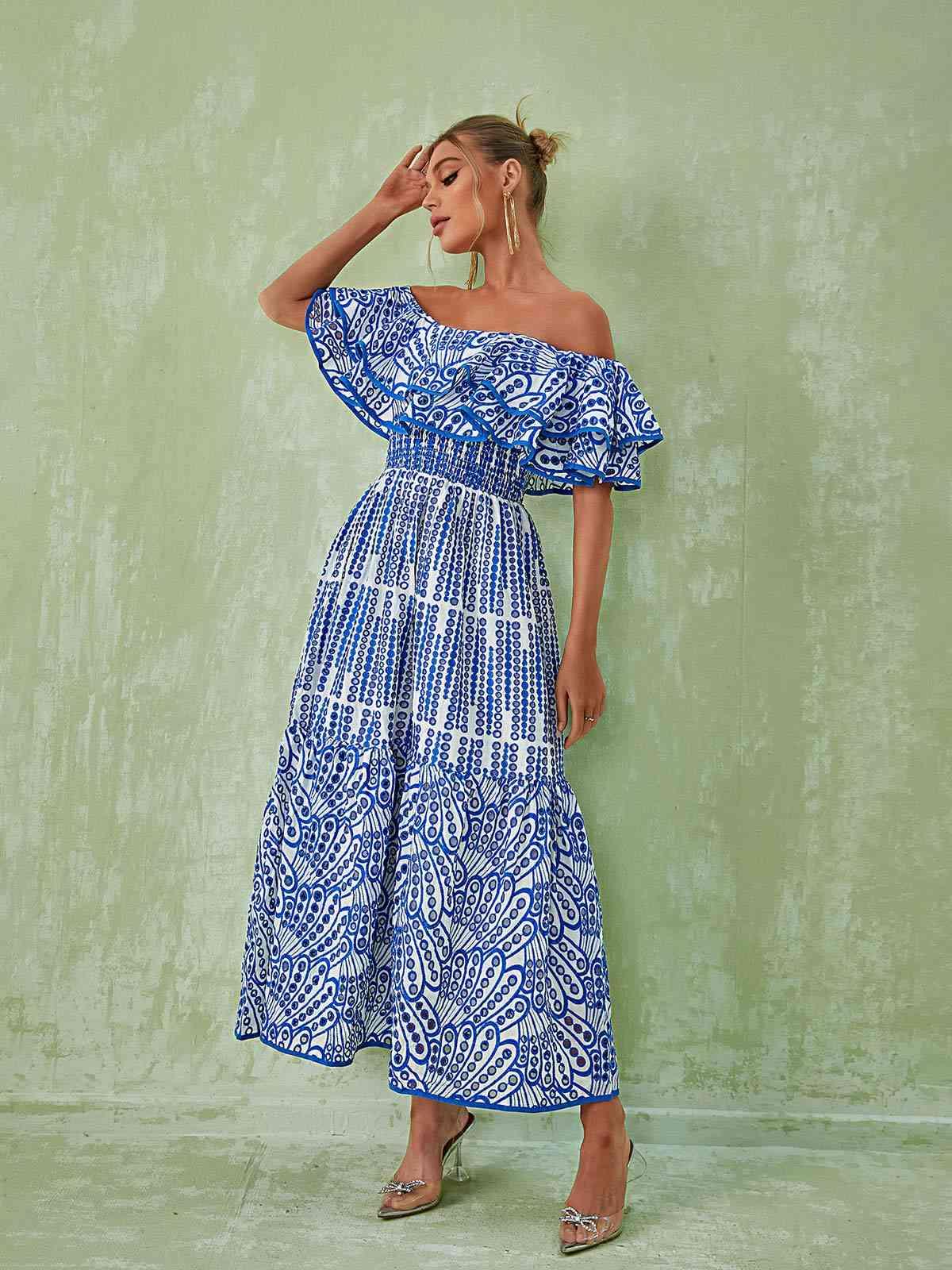Off-Shoulder Ruffle Flounce Smocked Tiered Printed Maxi Dress