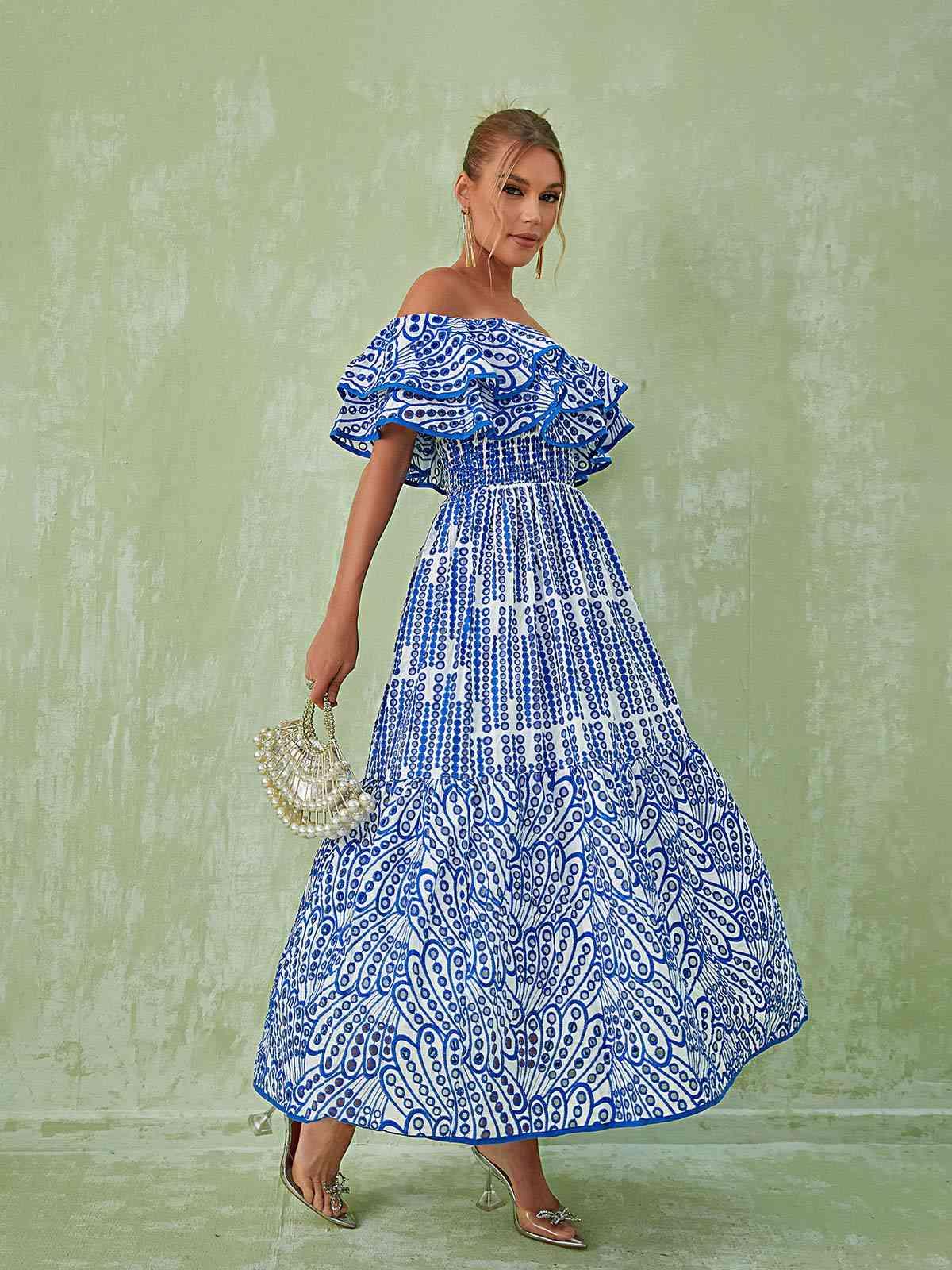 Off-Shoulder Ruffle Flounce Smocked Tiered Printed Maxi Dress