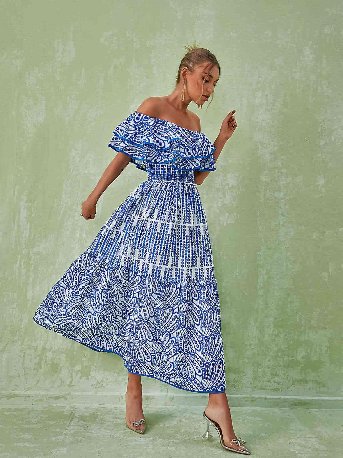 Off-Shoulder Ruffle Flounce Smocked Tiered Printed Maxi Dress