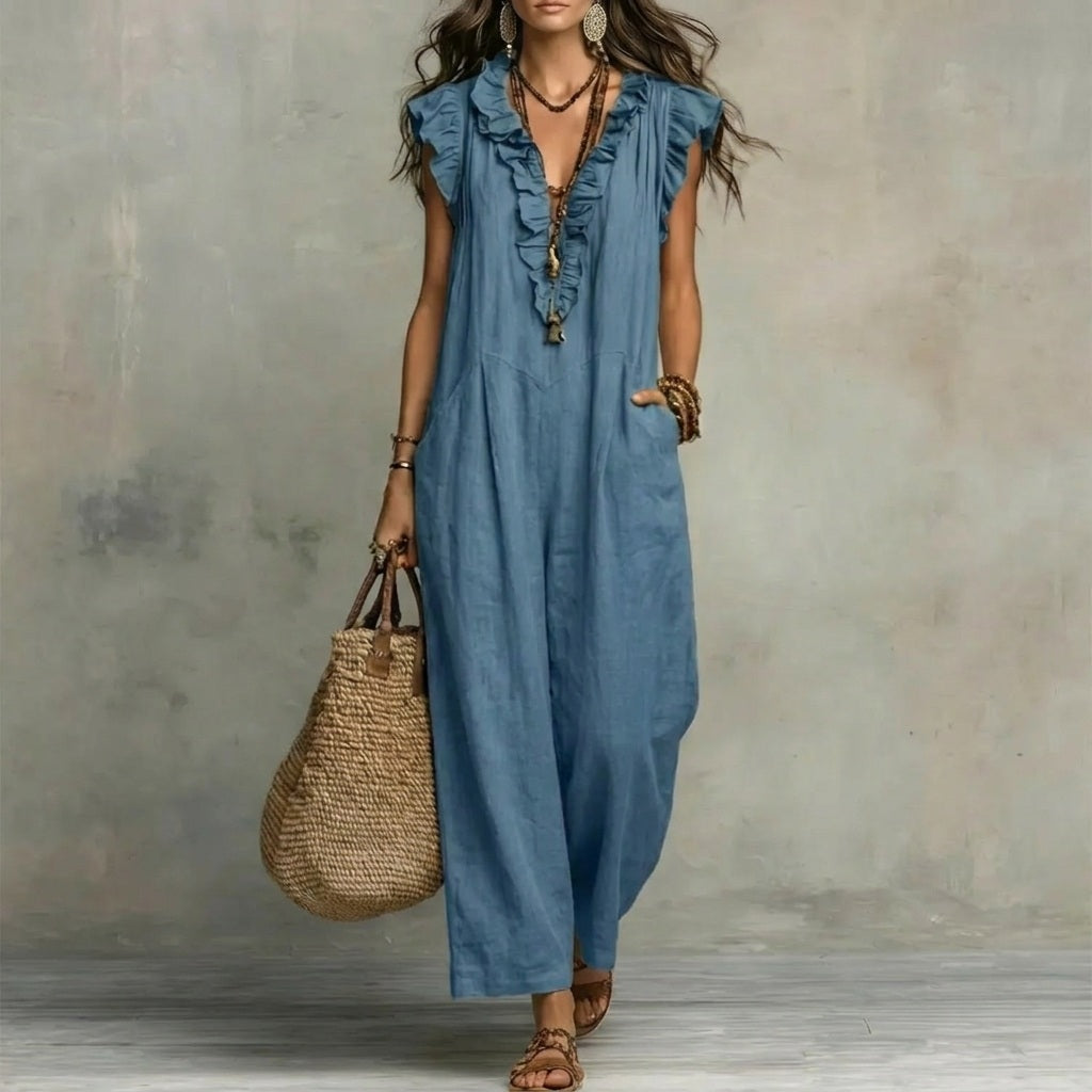 V-Neck Ruffle Trim Sleeveless Loose Pocket Maxi Dress 5