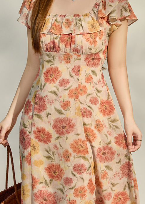 Women Apricot Ruffled Print Chiffon Robe Dresses Summer