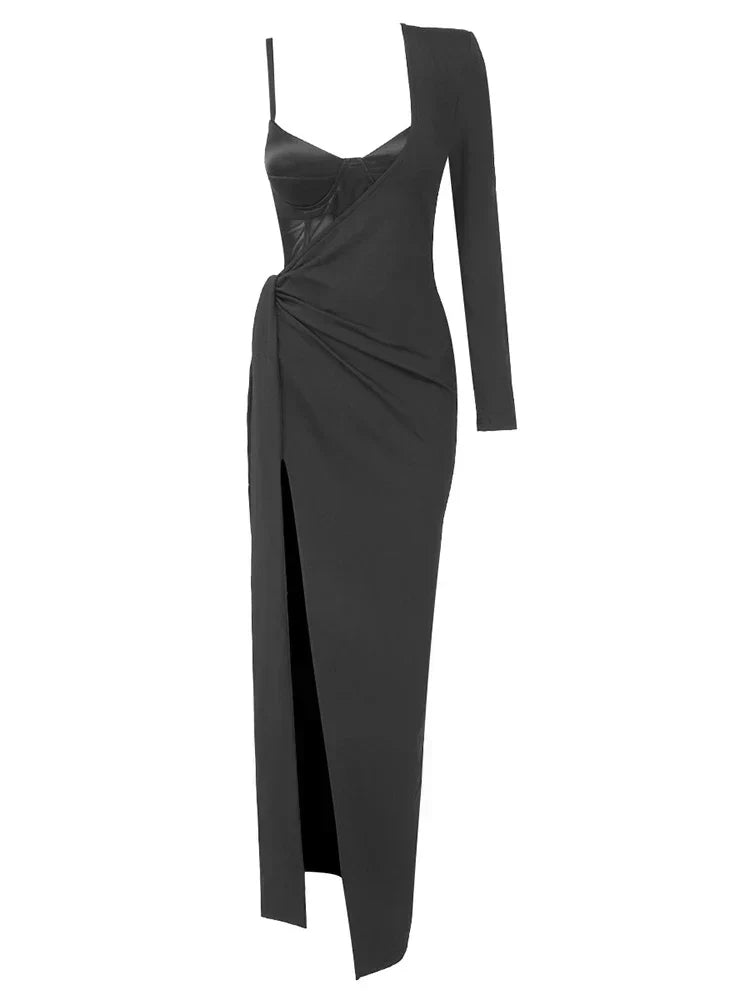 Black 2 Piece Set Sexy One Shoulder Long Ruched Elegant Christmas Party Dress / S Dresses-L