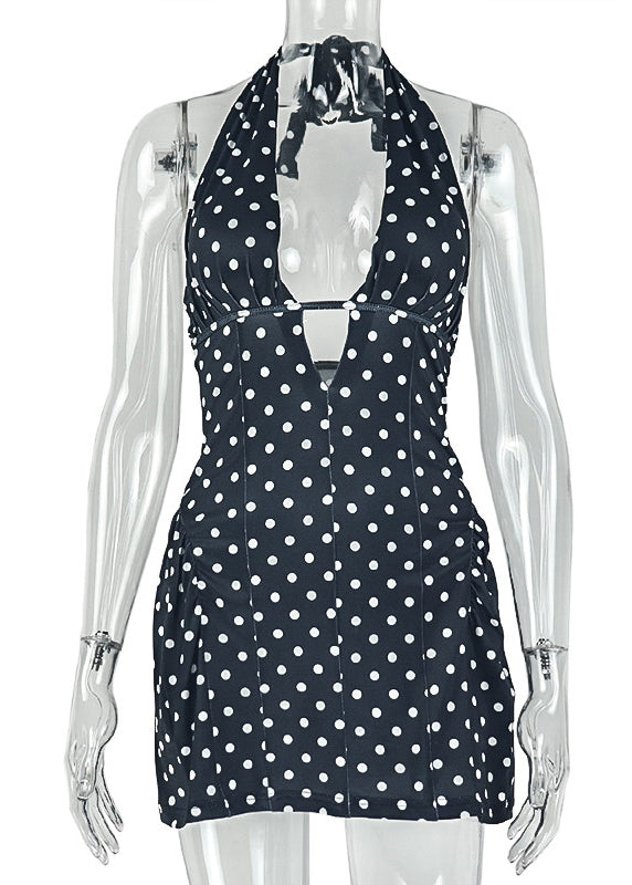Women Black Halter Print Cotton Tea Dress Summer