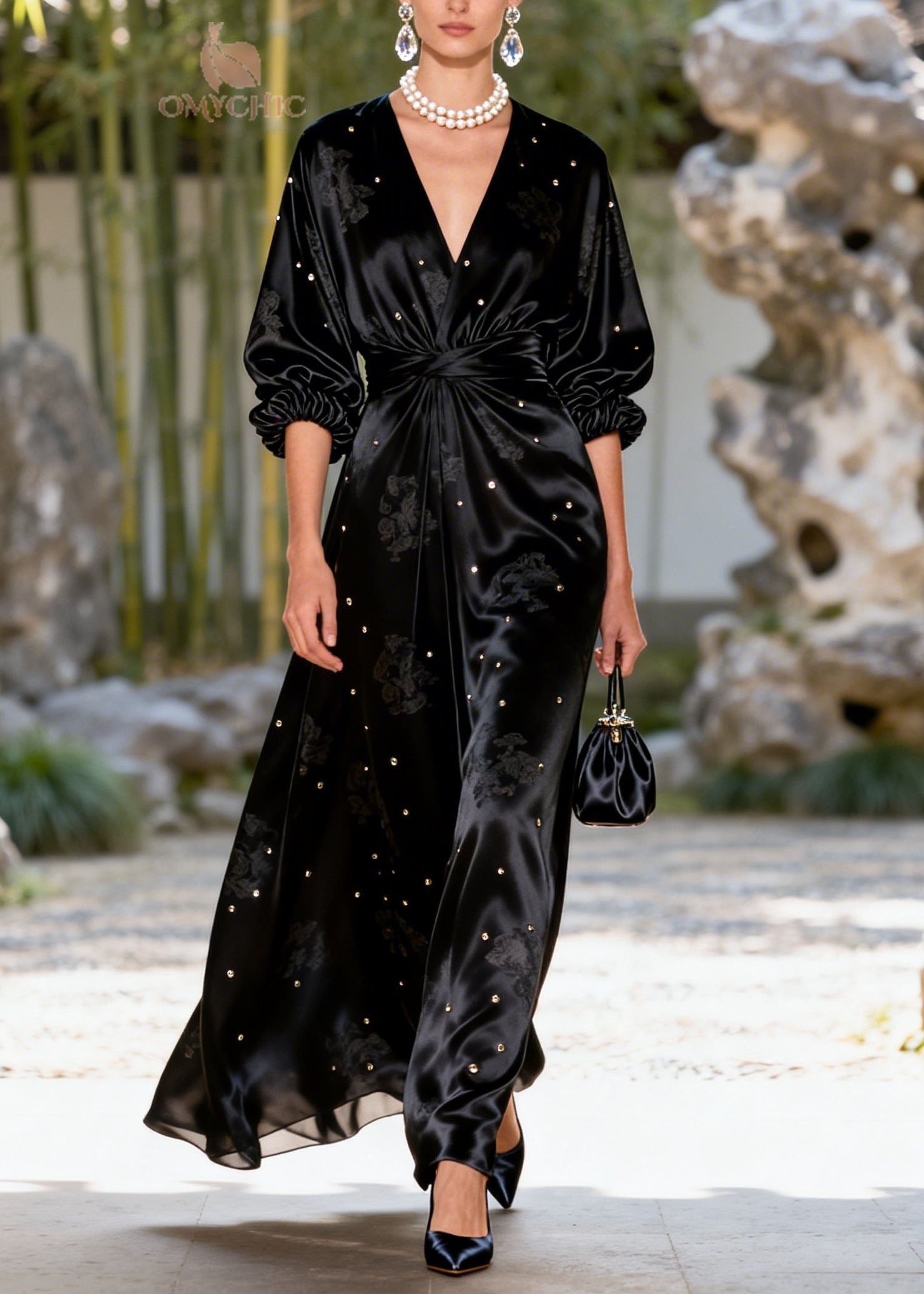 Women Black V Neck Sequins Jacquard Silk Long Dress Summer