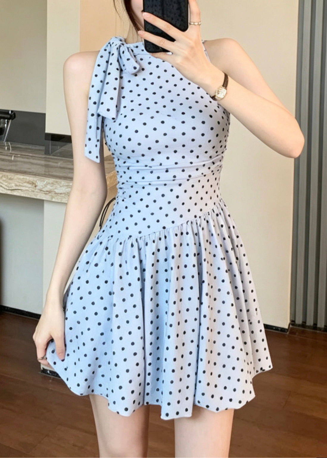 Women Blue Bow Dot Print Swimwear Dress Bodysuits