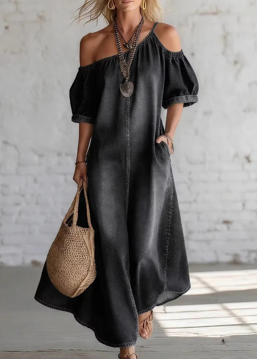 Women Blue Cold Shoulder Side Open Patchwork Denim Dresses Summer