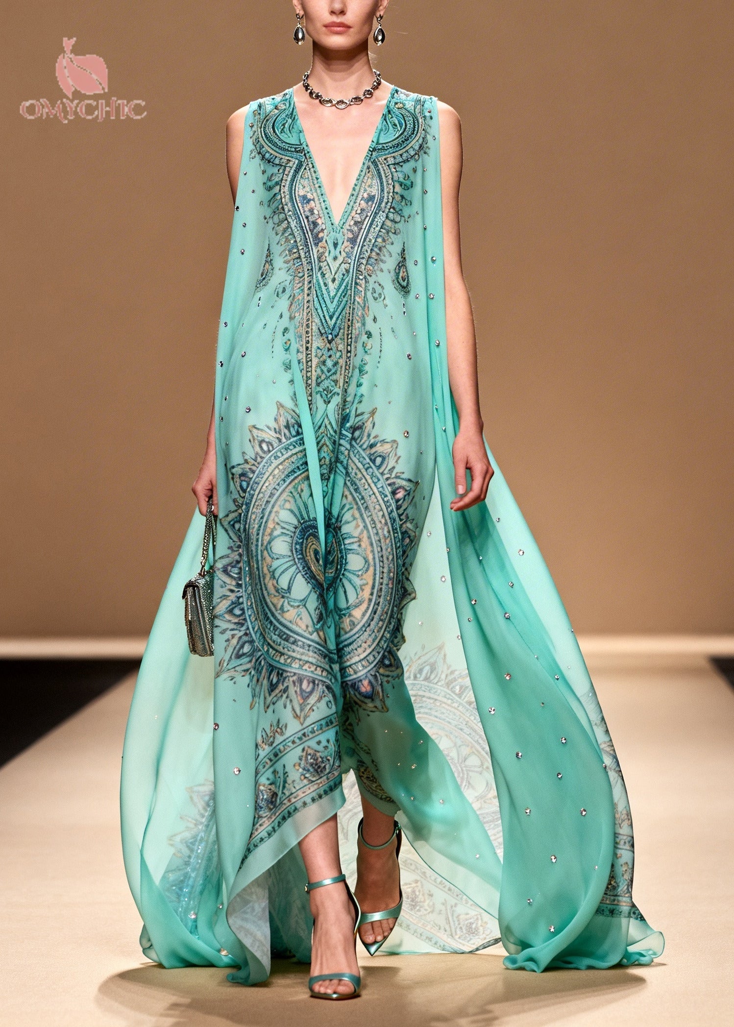 Women Blue Oversized Print Rhinestone Chiffon Beach Dress Summer