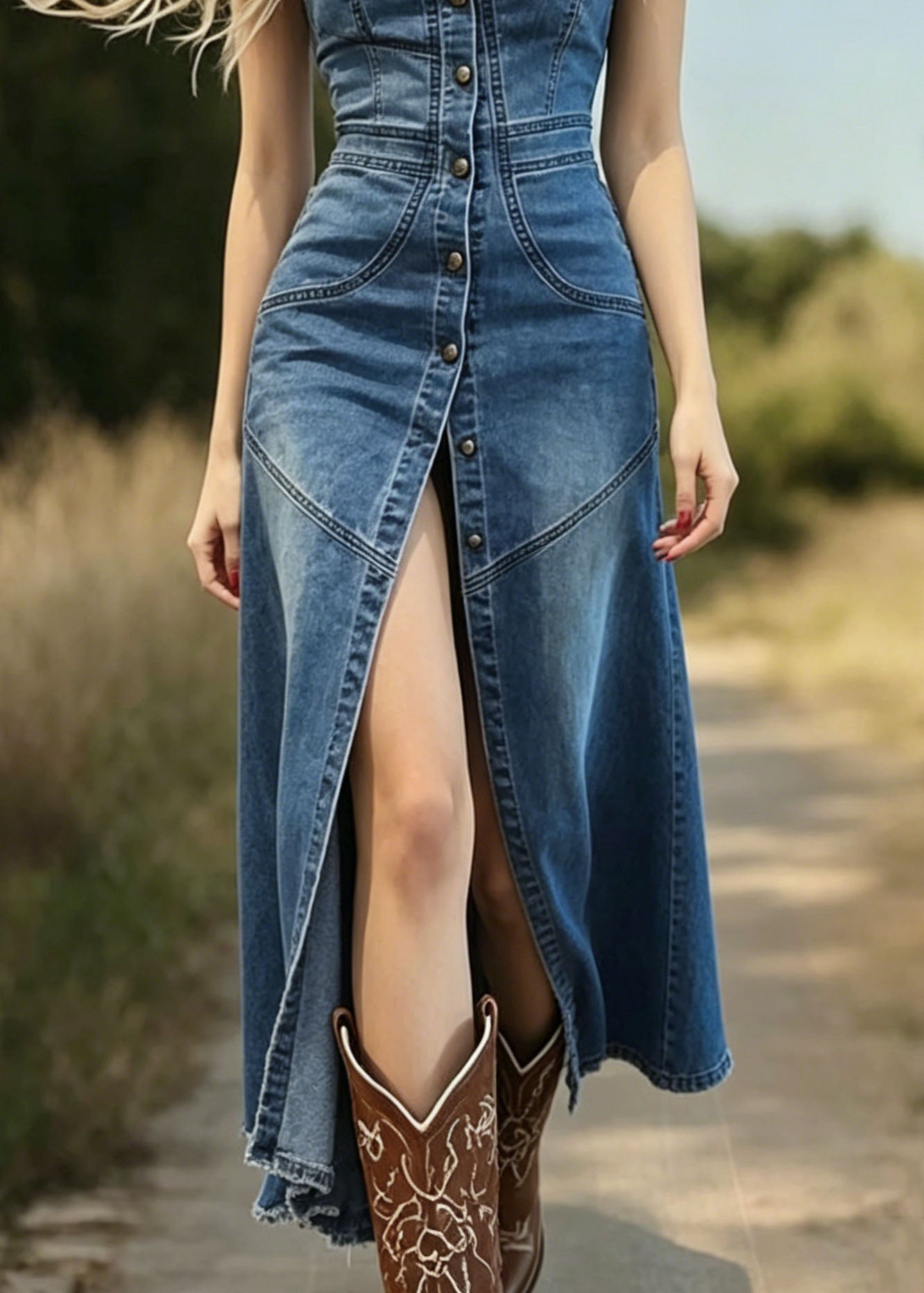 Women Blue Patchwork Side Open Denim Spaghetti Strap Dress Summer