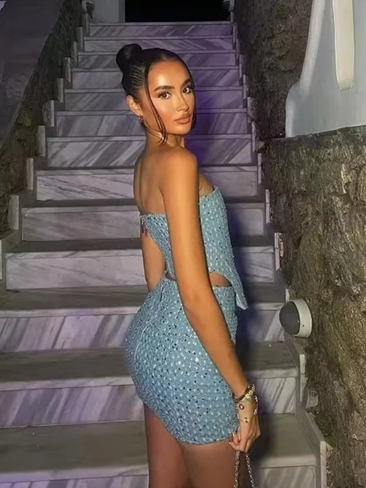 Blue Sequined Denim Strapless Party Dress