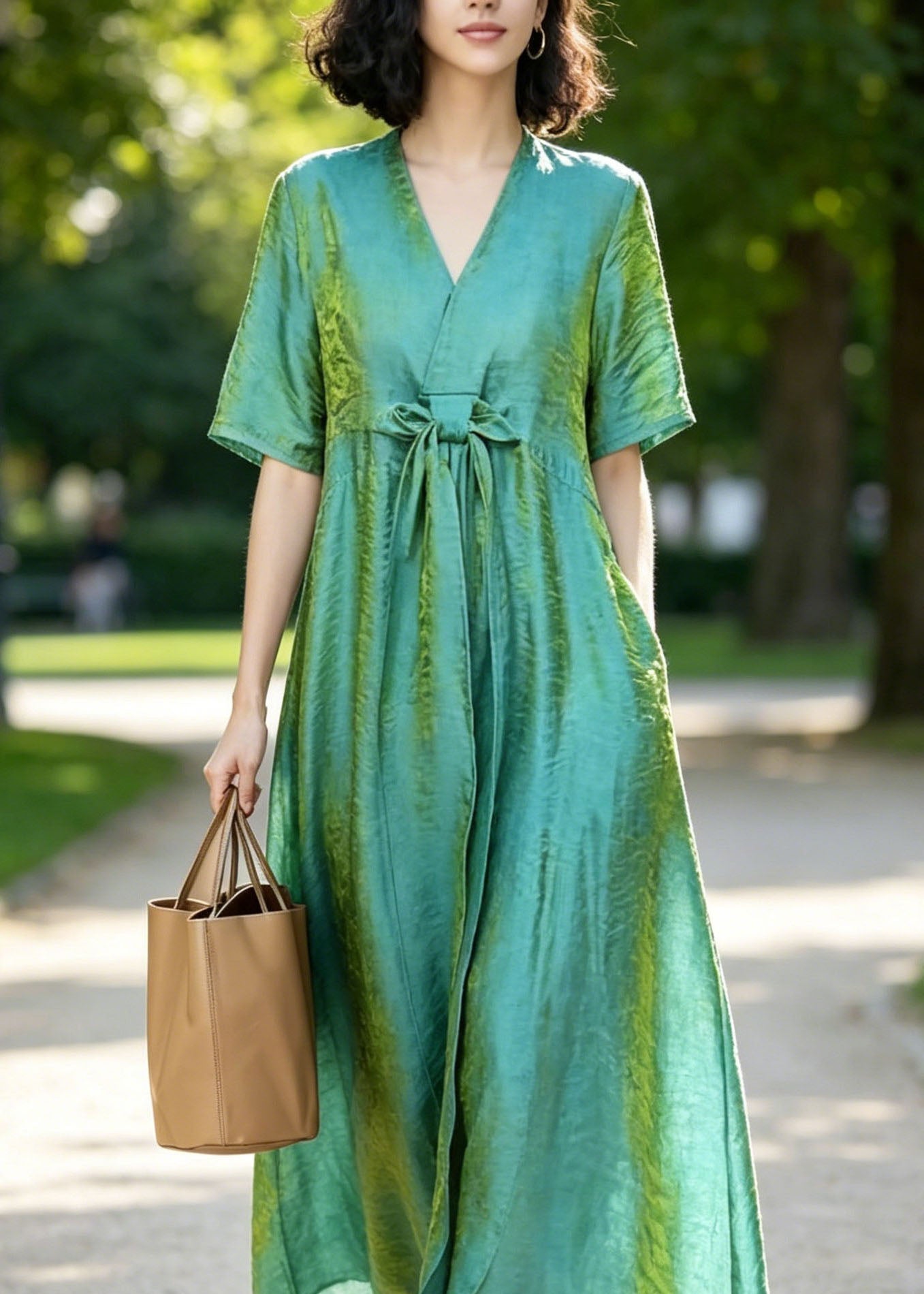 Women Blue V Neck Bow Silk Long Dresses Summer