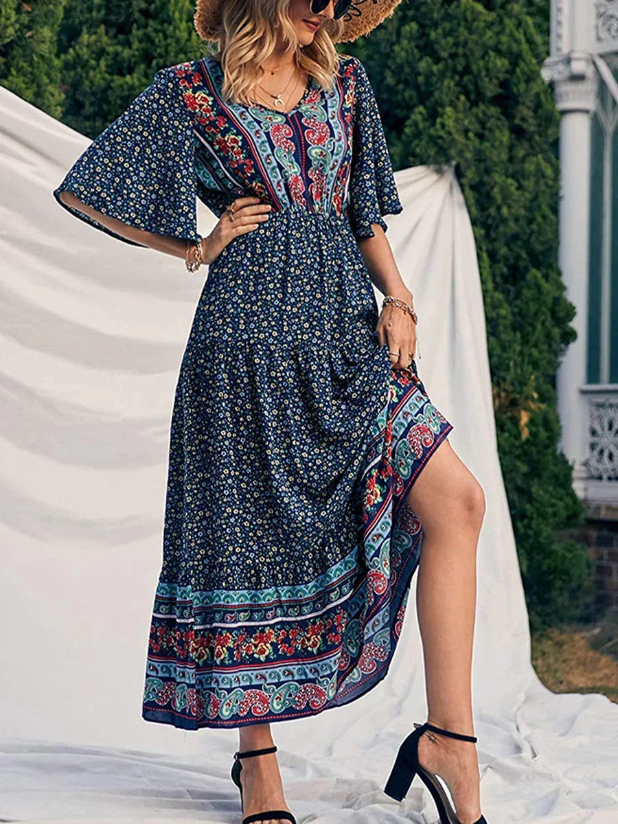 Retro Floral Print V-neck Boho Sundress