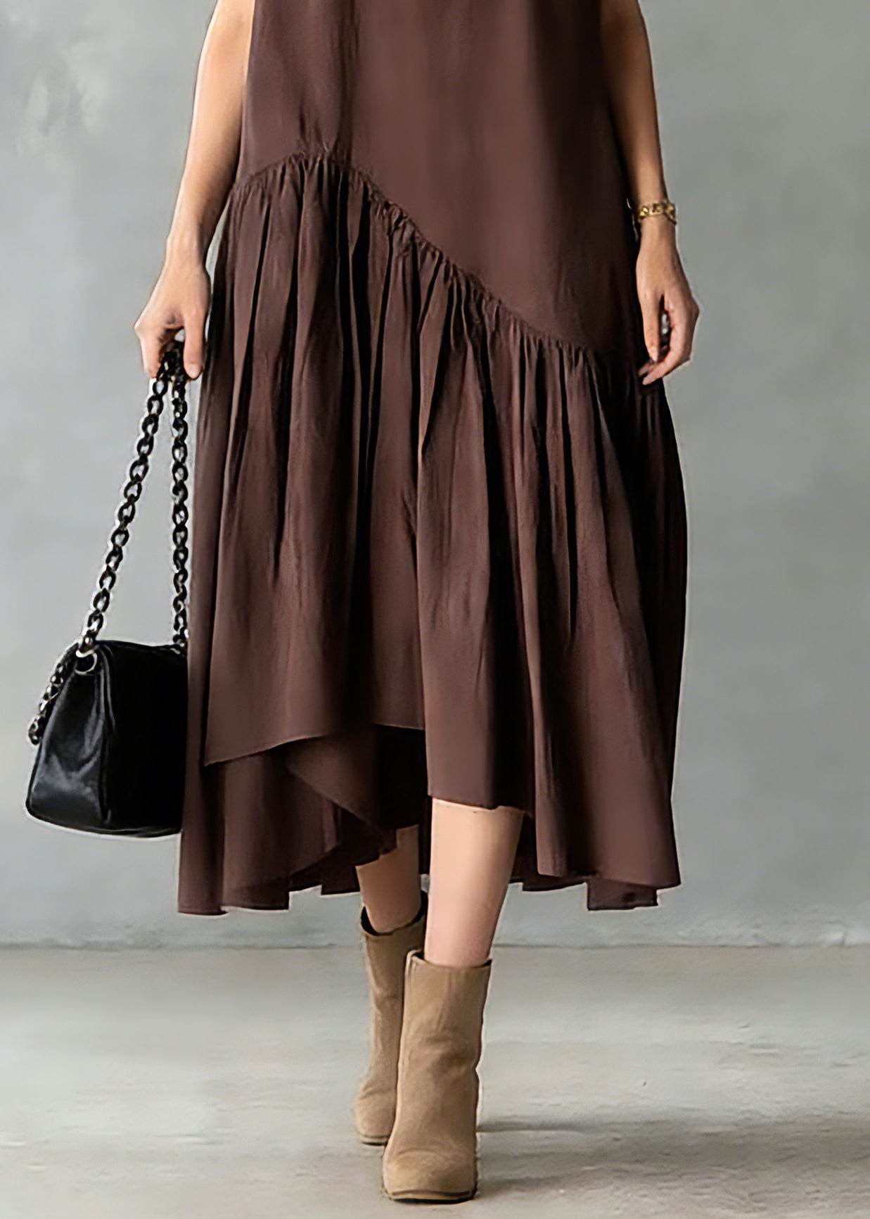 Women Coffee O-Neck Wrinkled Patchwork Long Dresses Short Sleeve