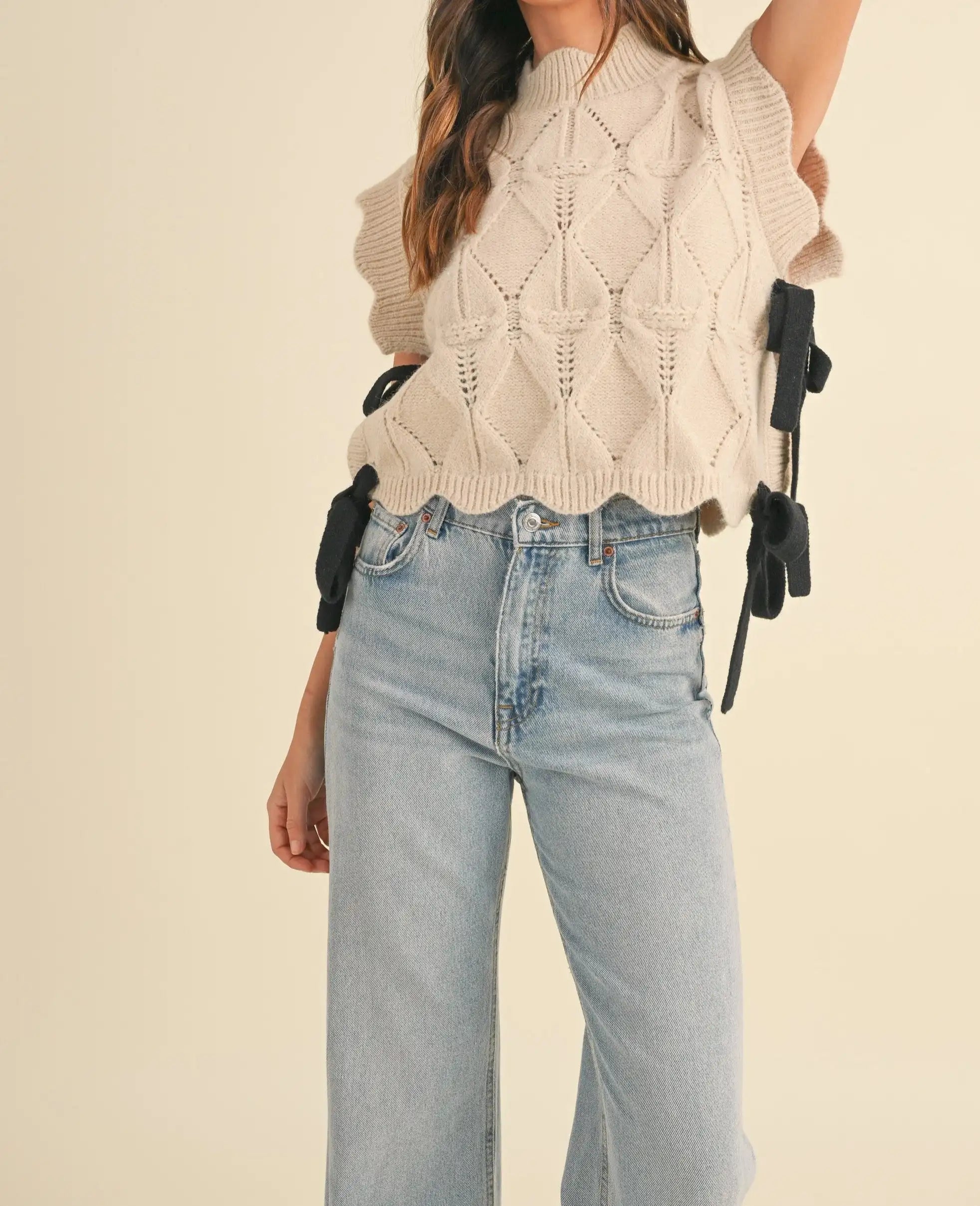 Solid Color Scalloped Trim Warm Sweater Beige / S