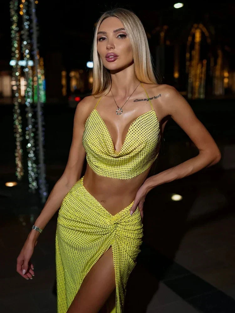 Women Diamonds 2 Piece Set Swinging Collar Crop Tops Long Skirts Party Dress