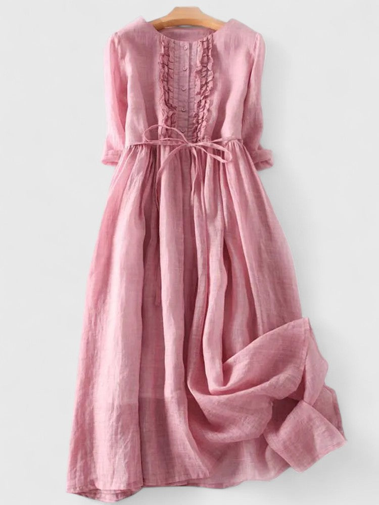 Round Neck Ruffle Bib Tie Waist Linen Flowy Maxi Dress 6